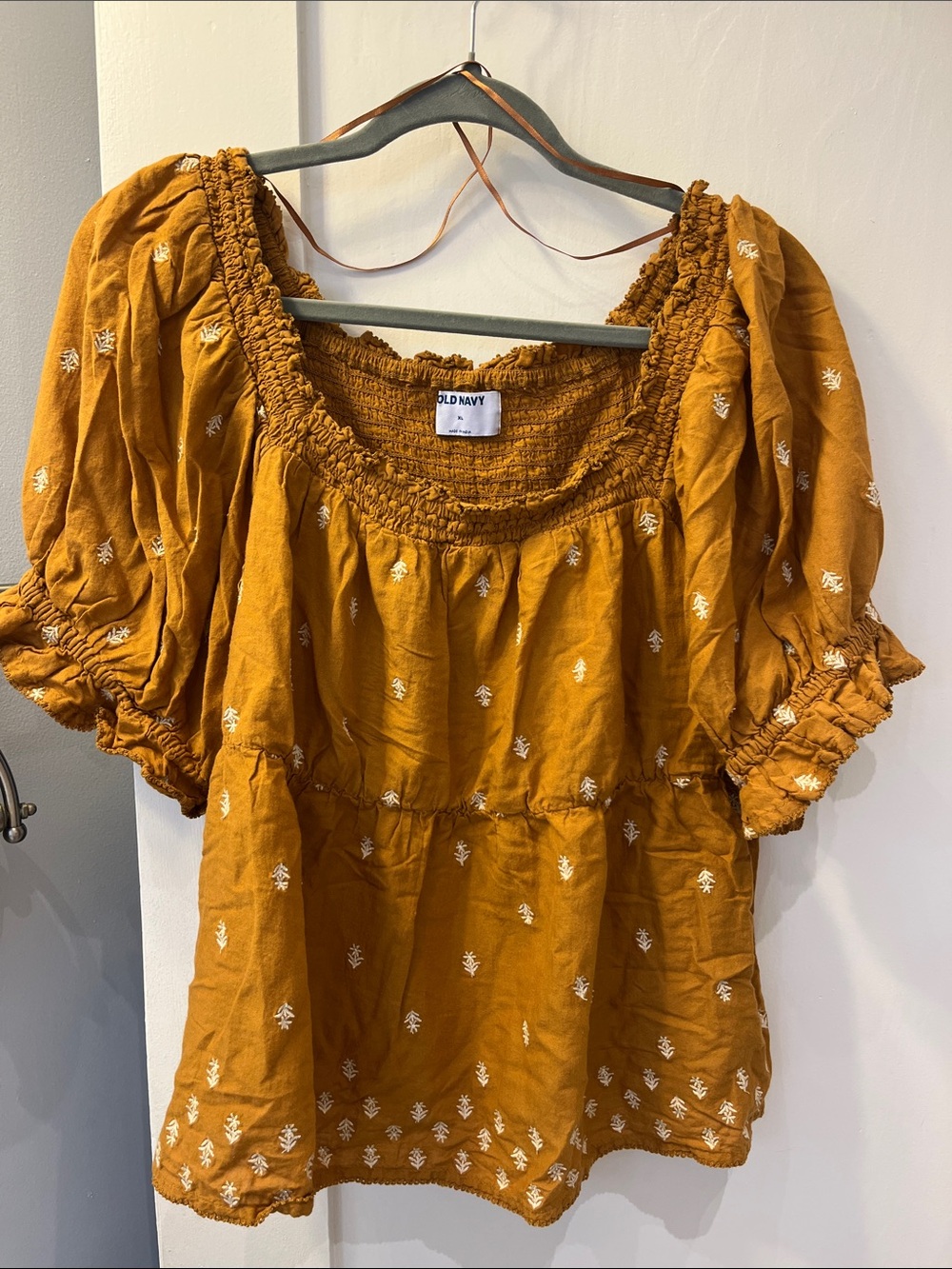 Old Navy Mustard Embroidered Smocked Peasant Blouse